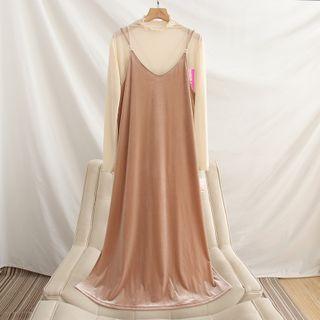 Frill Trim Plain T-shirt / Spaghetti Strap Velvet A-line Dress