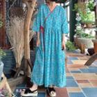3/4-sleeve Floral Midi A-line Dress Floral - Aqua Green - One Size