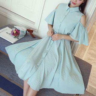 Cold Shoulder Elbow-sleeve A-line Midi Shirt Dress