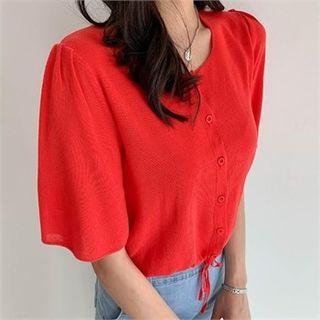 Square-neck Puff-shoulder Cropped Cardigan