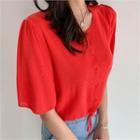 Square-neck Puff-shoulder Cropped Cardigan