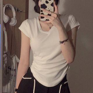 Short Sleeve V-neck Plain Crop T-shirt White - One Size