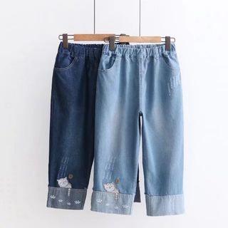 Embroidered Straight Fit Crop Jeans