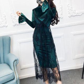 Set: Bell-sleeve Embellished Midi Dress + Spaghetti-strap Sheer Lace Dress