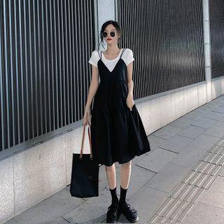 Open-back Spaghetti-strap A-line Dress Black - One Size
