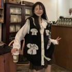 Button-up Sweater Vest / Peter Pan Collar Blouse / Mini Pleated Skirt