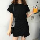 Short-sleeve Asymmetric A-line Mini T-shirt Dress Black - One Size