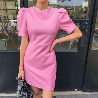 Lace-neck Puff-sleeve Sheath Dress