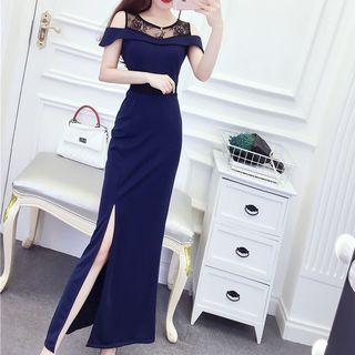 Cold-shoulder Lace Panel Slit Maxi Sheath Dress
