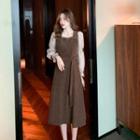 Mock Two-piece Long-sleeve Bow Accent Sashed Midi A-line Dress
