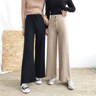 Drawstring Cropped Knit Wide-leg Pants