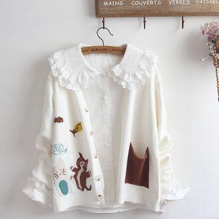 Lace Trim Blouse / Cat Print Cardigan / Set