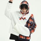 Plaid Panel Faux Shearling Lettering Hoodie
