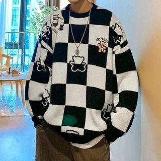Bear Embroidered Checkerboard Sweater