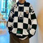 Bear Embroidered Checkerboard Sweater