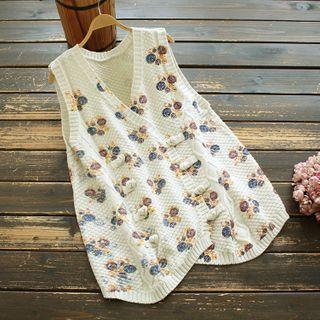 Floral Print Frog-button Knit Vest