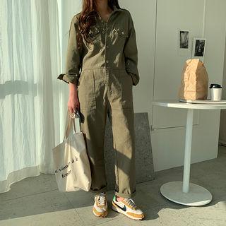 Flap-detail Wide-leg Jumpsuit Khaki - One Size