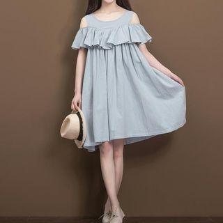 Cutout Shoulder Ruffle Short-sleeve Shift Dress
