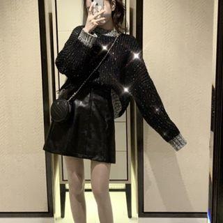 Mock Neck Sequined Sweater / Mini A-line Skirt / Set