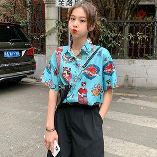 Short Sleeve Printed Shirt Blue - One Size