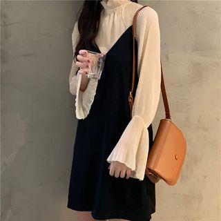 Bell-sleeve Stand Collar Top / Mini Pinafore Dress