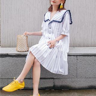 Elbow-sleeve Striped Frill Trim Buttoned Dress White - One Size