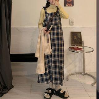 Long-sleeve Top / Plaid Midi A-line Jumper Dress