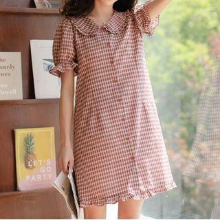 Plaid Ruffled Puff-sleeve Mini Shirtdress