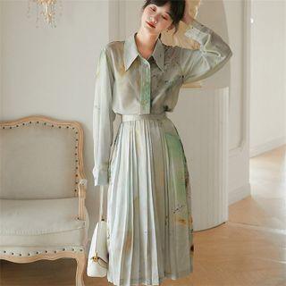 Print Shirt / Pleated Mini A-line Skirt
