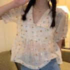 Short-sleeve Embroidered Mesh Blouse Multicolor Print - White - One Size