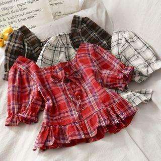 Lace-up Plaid Crop Blouse