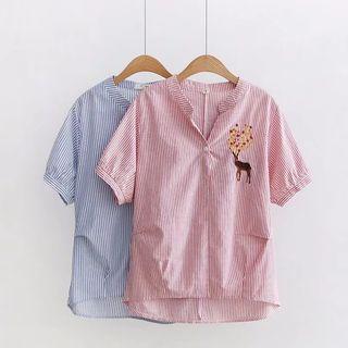 Deer Embroidered Striped Short-sleeve Shirt