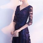 V-neck Embroidered Elbow-sleeve A-line Evening Gown