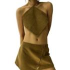 Set: Asymmetrical Cropped Halter Top + Side-slit Mini Pencil Skirt