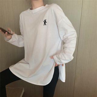 Round-neck Embroidered Long-sleeve Slit Hem Top