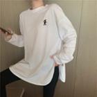 Round-neck Embroidered Long-sleeve Slit Hem Top