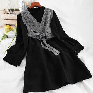 Set: Long-sleeve Midi Dress + Sweater Vest