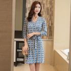 Patterned 3/4-sleeve Wrap A-line Dress