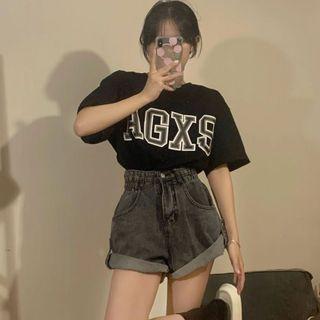 Elbow-sleeve Lettering T-shirt / High Waist Denim Shorts / Set