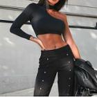 Plain Long Sleeve One-shoulder Cropped T-shirt