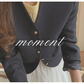 Collarless Golden-button Jacket Navy Blue - One Size