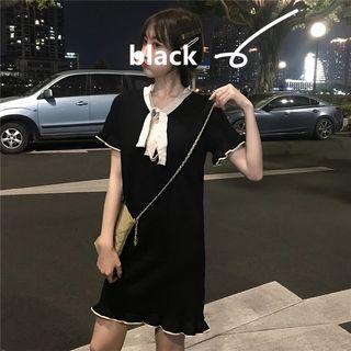 Short-sleeve Frilled Tie-neck Dress