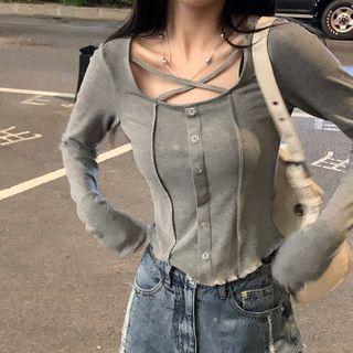 Cross-strap Long-sleeve U-neck Top