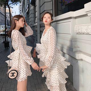 Dotted Long-sleeve Chiffon Dress / Midi Dress