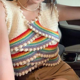 Rainbow Print Bobble Sweater Vest White - One Size