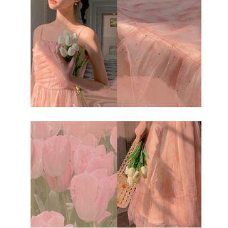 Ruched Spaghetti-strap Midi A-line Mesh Dress