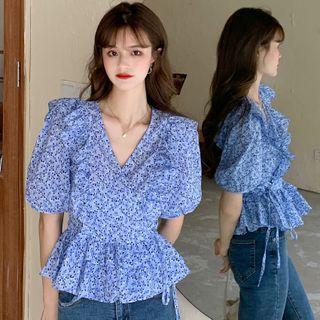 Short-sleeve Floral Print Ruffled Peplum Top