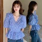 Short-sleeve Floral Print Ruffled Peplum Top