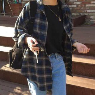 Long-sleeve Plaid Flannel Shirt Navy Blue - One Size