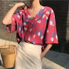 Flower Print Elbow-sleeve Blouse As Shown In Figure - One Size